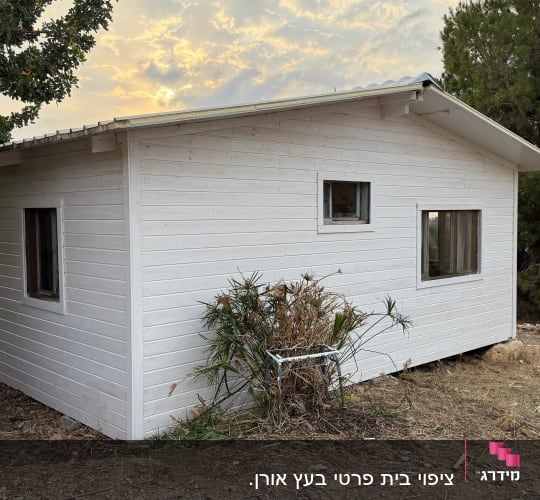 מבנה עץ לבן עם חלונות בסביבה טבעית
